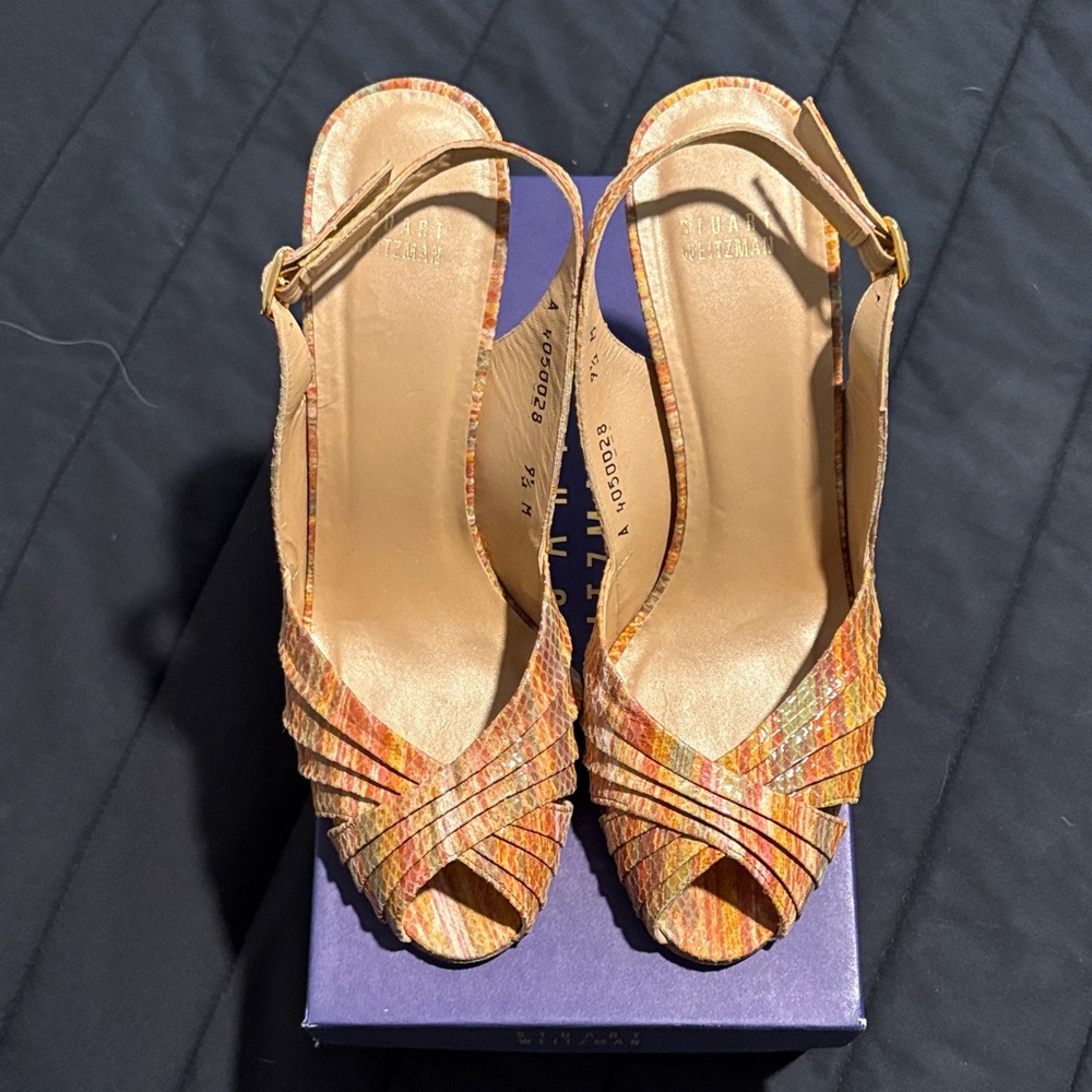 Stuart Weitzman Multicolor Orange Woven Slingback Peep-Toe Heels